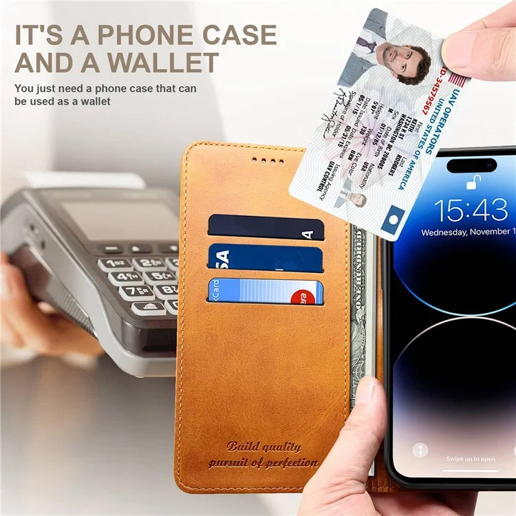 Suteni Wallet Stand Phone Case Для Iphone 14 Pro Max, Противоязное Кожаное Магнитное Закрытие Внутренней Крышки TPU - Хаки