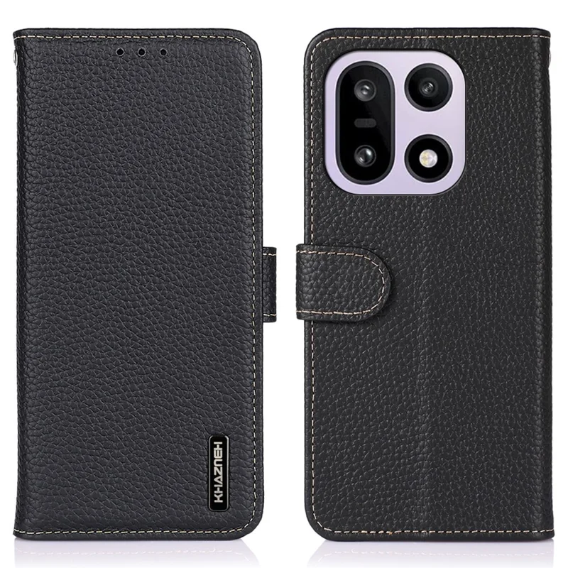 KHAZNEH For OnePlus 15 5G Case Genuine Cow Leather Flip Phone Cover - Black