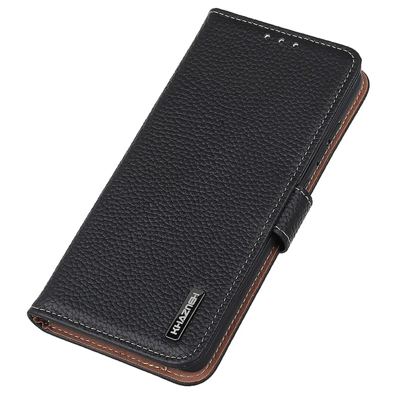 KHAZNEH For OnePlus 15 5G Case Genuine Cow Leather Flip Phone Cover - Black