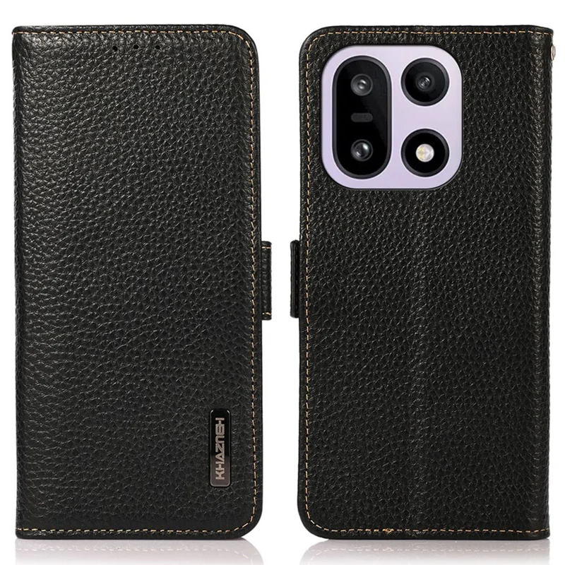 KHAZNEH for OnePlus 15 5G Phone Case Genuine Cow Leather Cover RFID Blocking - Black