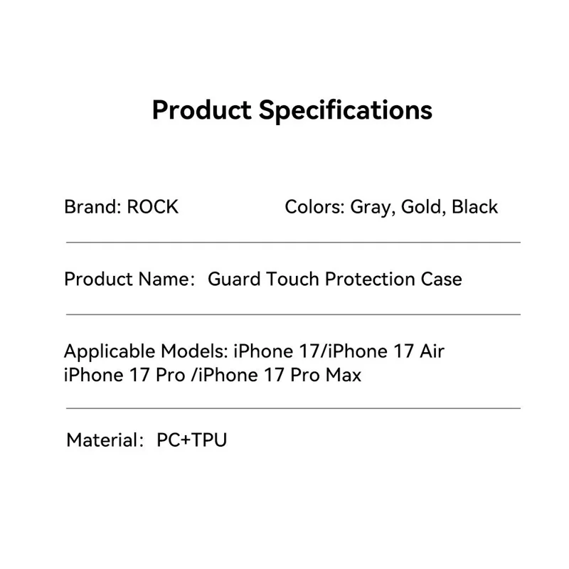 ROCK Para Capa de Telefone iPhone 17 Pro - Pele de Caso PC+TPU à Prova de Choque Capa Traseira - Preto