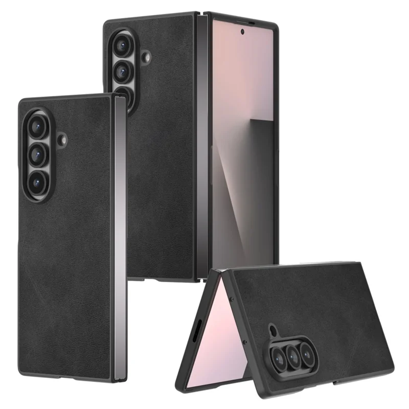 For Samsung Galaxy Z Fold7 5G Case Cowhide Texture PU Leather Coated Phone Cover - Black