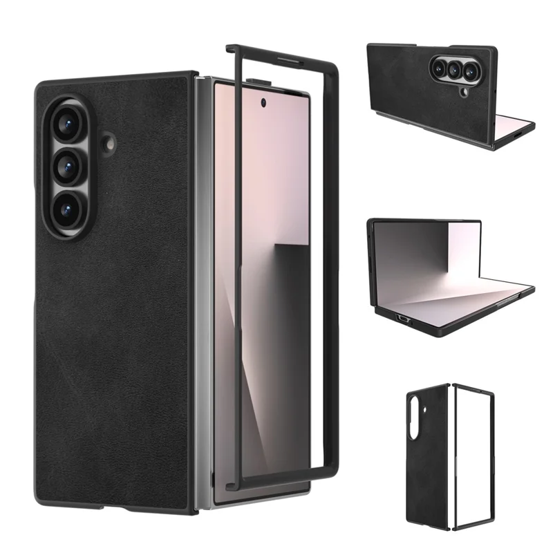 For Samsung Galaxy Z Fold7 5G Case Cowhide Texture PU Leather Coated Phone Cover - Black