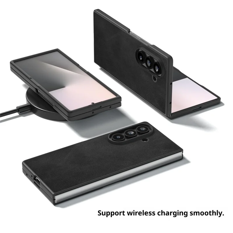 For Samsung Galaxy Z Fold7 5G Case Cowhide Texture PU Leather Coated Phone Cover - Black