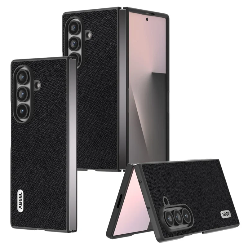 Samsung Galaxy Z Fold7 5G Hülle Kreuz-Textur Echtes Kuhlederbeschichtetes PC Telefon Cover - Schwarz