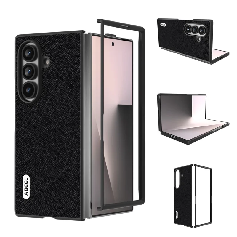 Samsung Galaxy Z Fold7 5G Hülle Kreuz-Textur Echtes Kuhlederbeschichtetes PC Telefon Cover - Schwarz