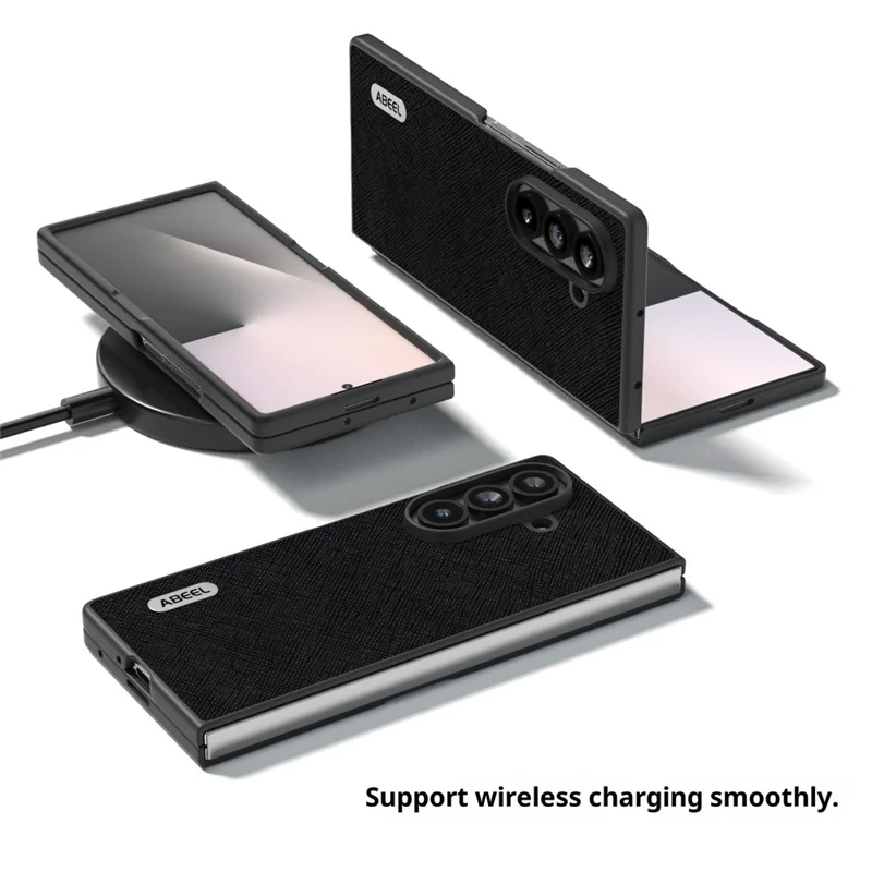 Samsung Galaxy Z Fold7 5G Hülle Kreuz-Textur Echtes Kuhlederbeschichtetes PC Telefon Cover - Schwarz