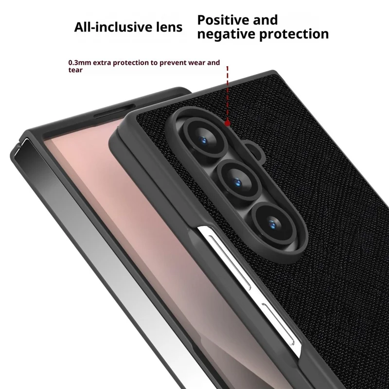 Samsung Galaxy Z Fold7 5G Hülle Kreuz-Textur Echtes Kuhlederbeschichtetes PC Telefon Cover - Schwarz