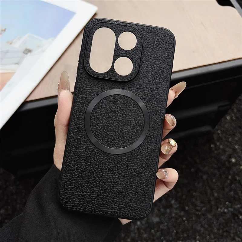 Étui pour OnePlus 15 5G Compatible avec MagSafe Texture de Litchi Cuir PU + Coque Arrière en TPU - Noir