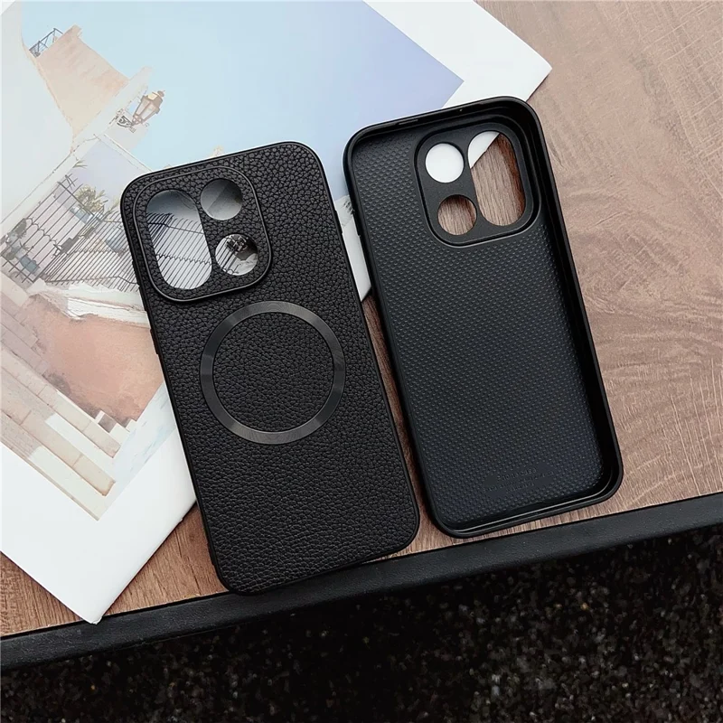 Étui pour OnePlus 15 5G Compatible avec MagSafe Texture de Litchi Cuir PU + Coque Arrière en TPU - Noir