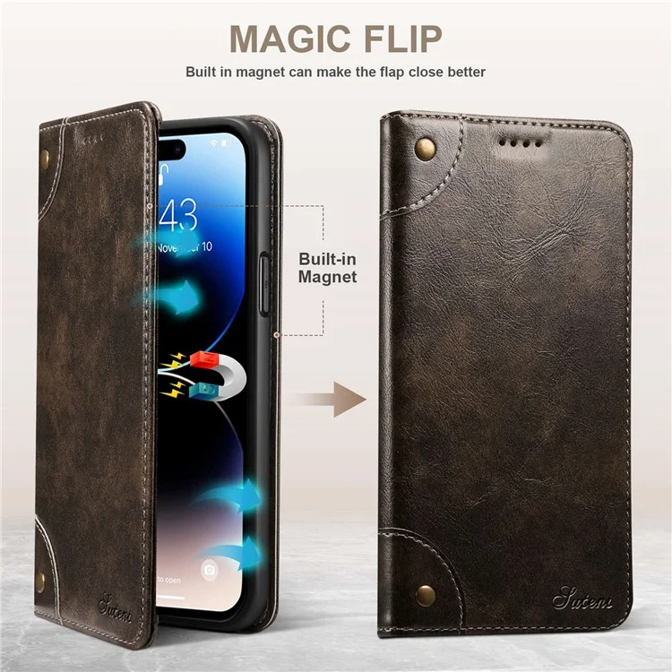 Suteni Per Iphone 14 Pro Anti-scratch Protective Case Magnetic Buckle PU Leather TPU Wallet Cover - Grigio Scuro