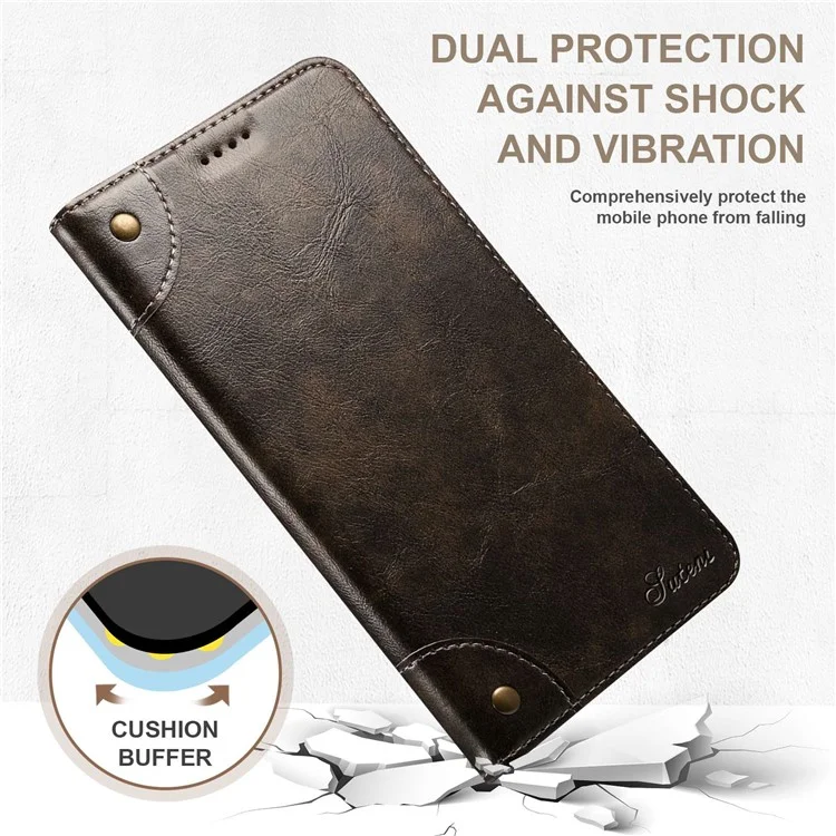 Suteni Per Iphone 14 Pro Anti-scratch Protective Case Magnetic Buckle PU Leather TPU Wallet Cover - Grigio Scuro