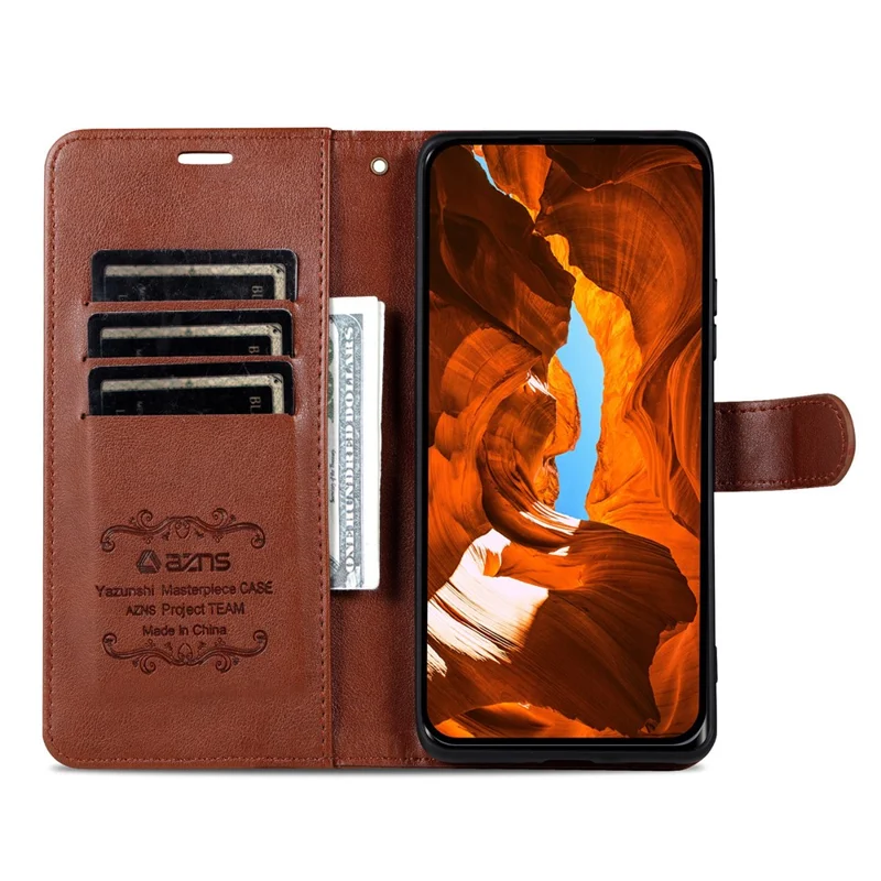 AZNS telefonbeskyttelse til Oppo A5i 4G / A5 5G / A6i, anti-skramme PU-læder ståplade med tegnebog - Brun