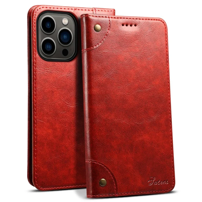 SUTENI For iPhone 14 Pro Max PU Leather Magnetic Auto Closing Stand Case Folio Flip Phone Wallet Cover - Red