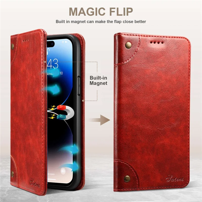 SUTENI For iPhone 14 Pro Max PU Leather Magnetic Auto Closing Stand Case Folio Flip Phone Wallet Cover - Red