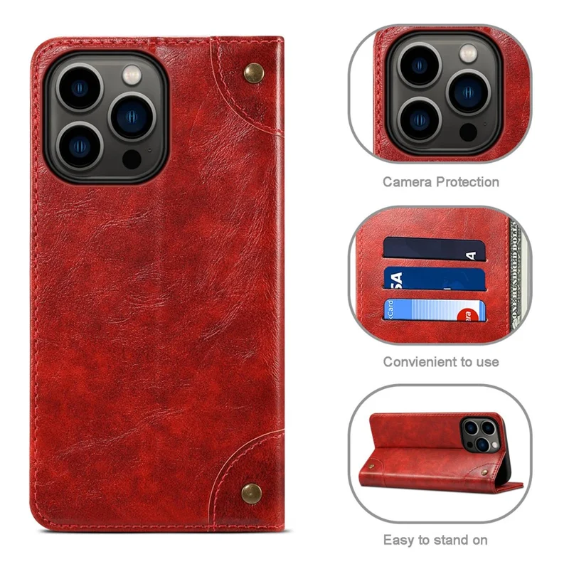 SUTENI For iPhone 14 Pro Max PU Leather Magnetic Auto Closing Stand Case Folio Flip Phone Wallet Cover - Red