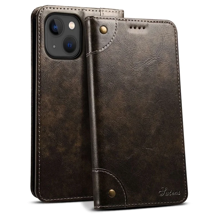 SUTENI Pour Iphone 14 Plus Case de Support de Téléphone Anti-rayures PU le Cuir PU + Portefeuille TPU Magnétique Auto-absorbé Couverture - Gris Foncé
