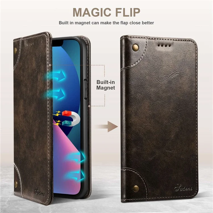 SUTENI Pour Iphone 14 Plus Case de Support de Téléphone Anti-rayures PU le Cuir PU + Portefeuille TPU Magnétique Auto-absorbé Couverture - Gris Foncé