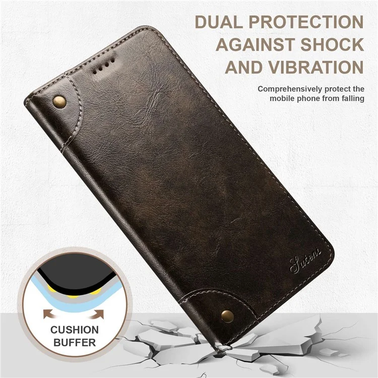 SUTENI Pour Iphone 14 Plus Case de Support de Téléphone Anti-rayures PU le Cuir PU + Portefeuille TPU Magnétique Auto-absorbé Couverture - Gris Foncé