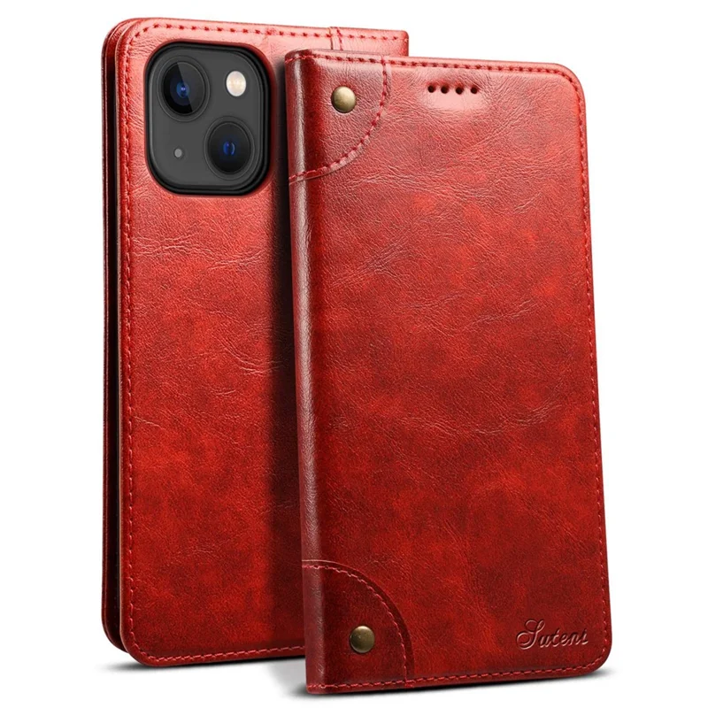 SUTENI For iPhone 14 Magnetic Auto Closing Phone Case PU Leather Stand Wallet Protective Cover - Red