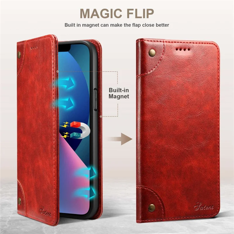 SUTENI For iPhone 14 Magnetic Auto Closing Phone Case PU Leather Stand Wallet Protective Cover - Red