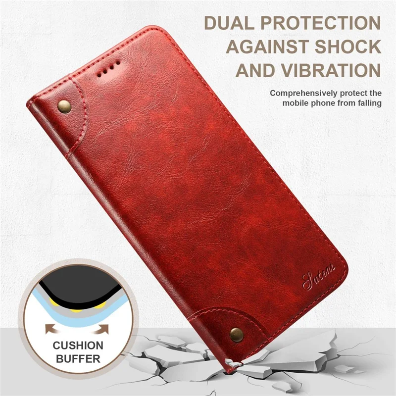 SUTENI For iPhone 14 Magnetic Auto Closing Phone Case PU Leather Stand Wallet Protective Cover - Red
