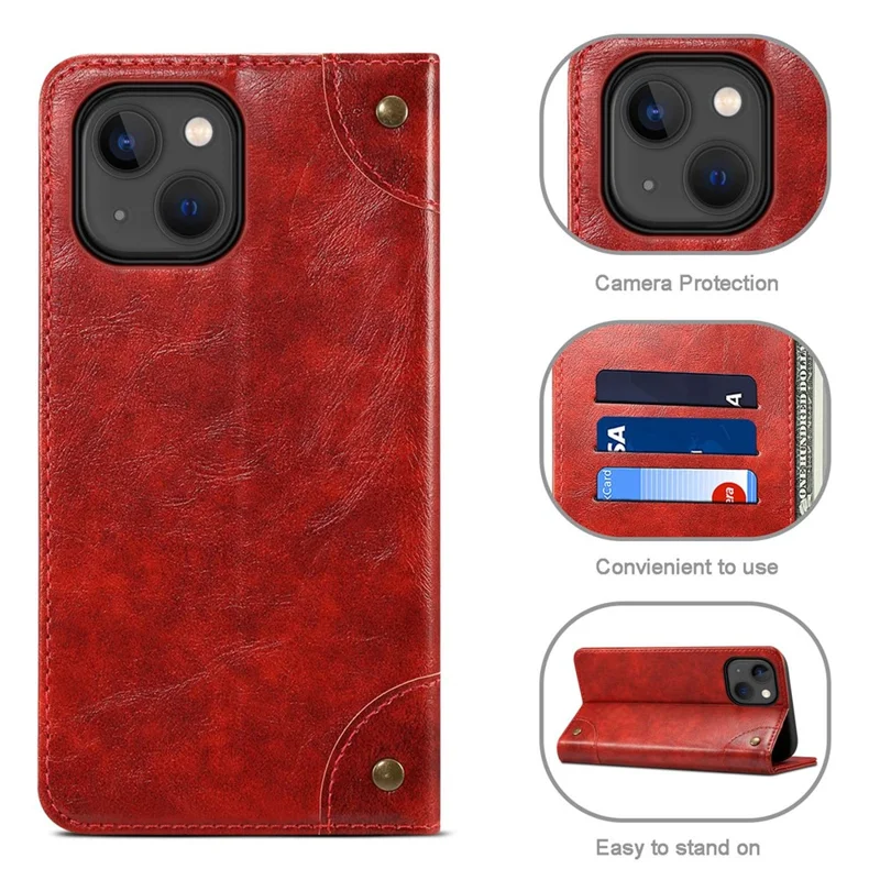 SUTENI For iPhone 14 Magnetic Auto Closing Phone Case PU Leather Stand Wallet Protective Cover - Red