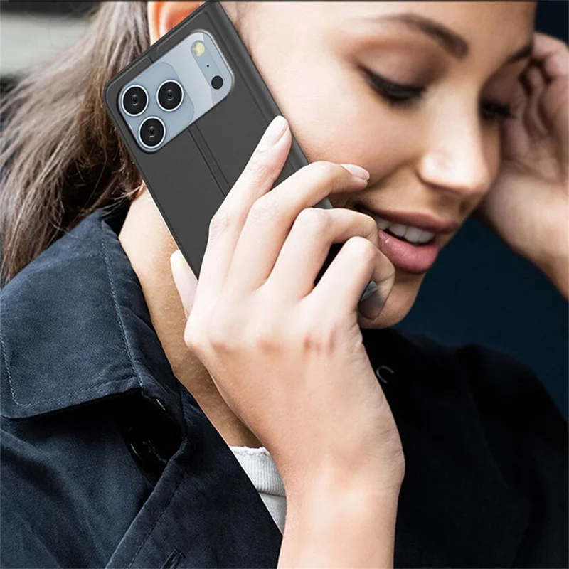 iPhone 17 Pro Hülle aus PU-Leder mit Kartenfach und Ständer - Schwarz