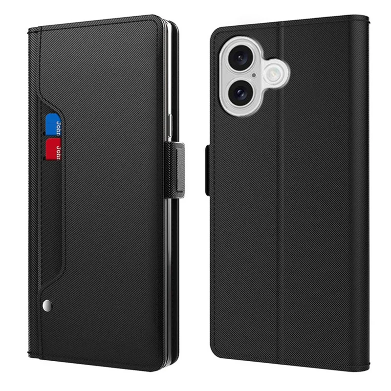 iPhone 17 Hülle Ständer PU-Leder Handyhülle Kartenfach Spiegel - Schwarz