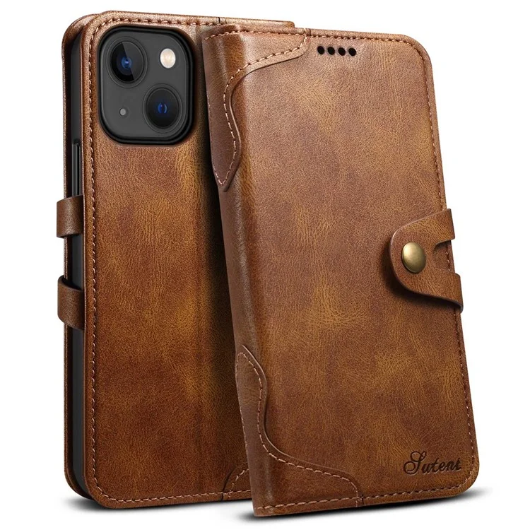 Serie Suteni Q03 Para Iphone 14 PU Leather Stand Case de Billetera a Prueba de Choque Cubierta de Teléfono Con Cierre de Botones Snap - Marrón