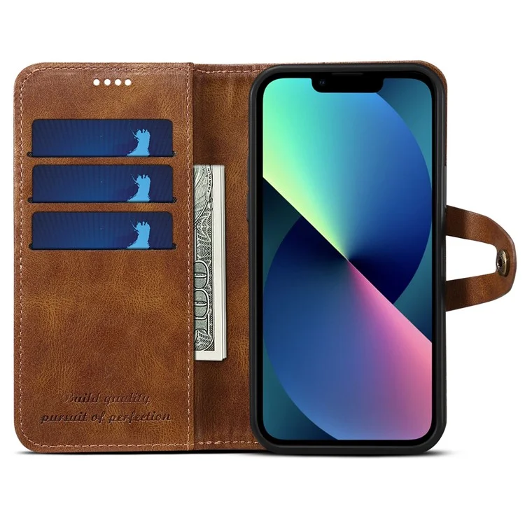 Serie Suteni Q03 Para Iphone 14 PU Leather Stand Case de Billetera a Prueba de Choque Cubierta de Teléfono Con Cierre de Botones Snap - Marrón