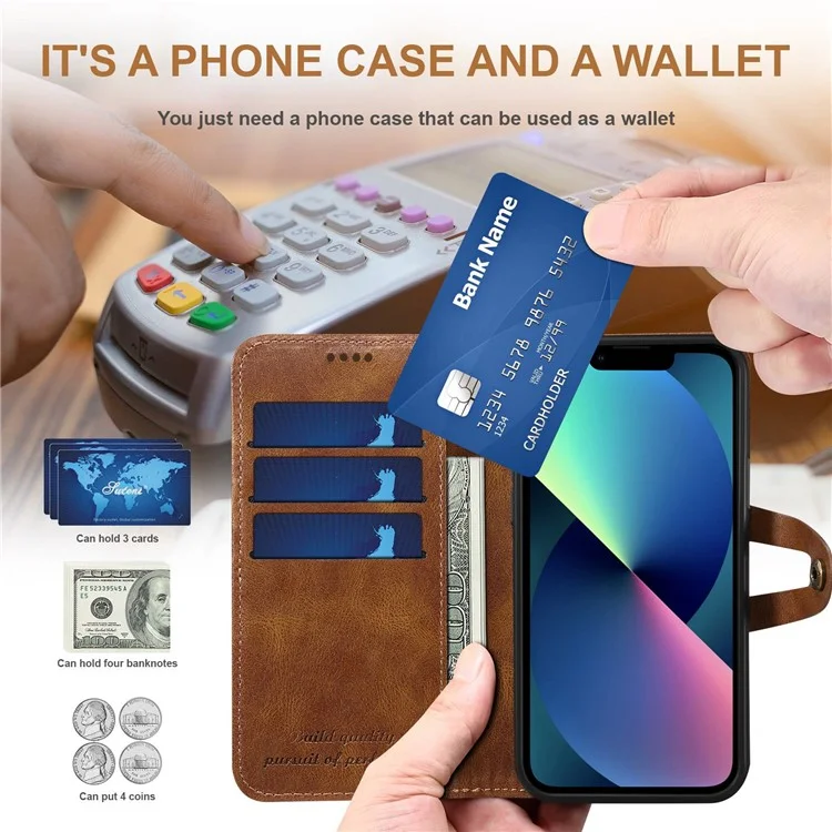 Serie Suteni Q03 Para Iphone 14 PU Leather Stand Case de Billetera a Prueba de Choque Cubierta de Teléfono Con Cierre de Botones Snap - Marrón