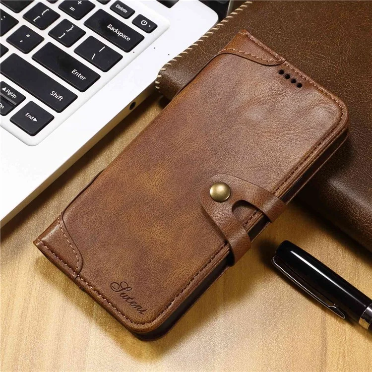 Serie Suteni Q03 Para Iphone 14 PU Leather Stand Case de Billetera a Prueba de Choque Cubierta de Teléfono Con Cierre de Botones Snap - Marrón