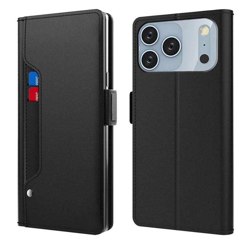 iPhone 17 Pro Max Hülle Ständer PU-Leder Handyhülle Kartenfach Spiegel - Schwarz