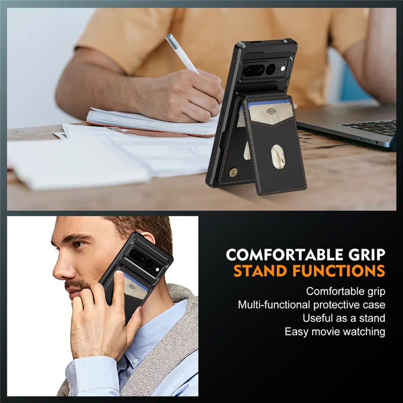 For Google Pixel 7 Pro 5G Magnetic Case Detachable Card Slot Kickstand Leather + TPU Phone Cover - Black