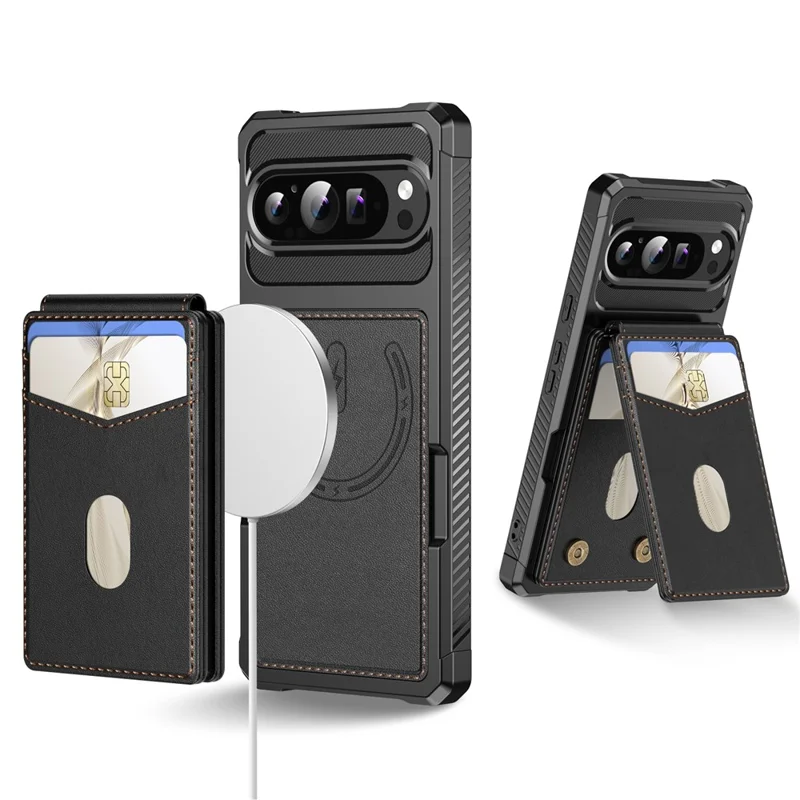 For Google Pixel 9  /  9 Pro Magnetic Case Detachable Card Slot Kickstand Leather + TPU Phone Cover - Black
