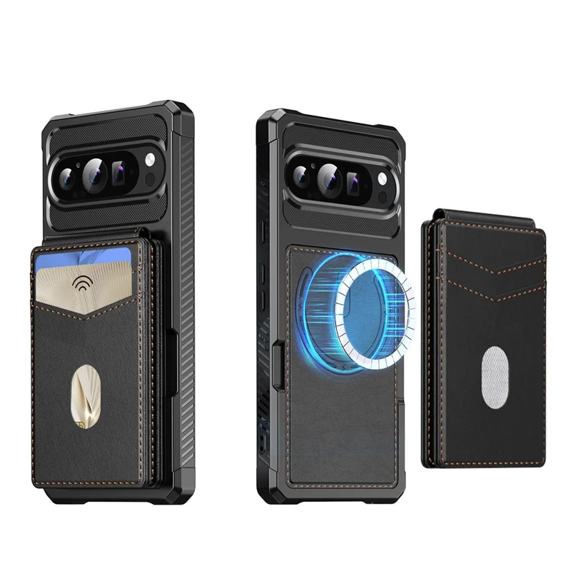 For Google Pixel 9  /  9 Pro Magnetic Case Detachable Card Slot Kickstand Leather + TPU Phone Cover - Black