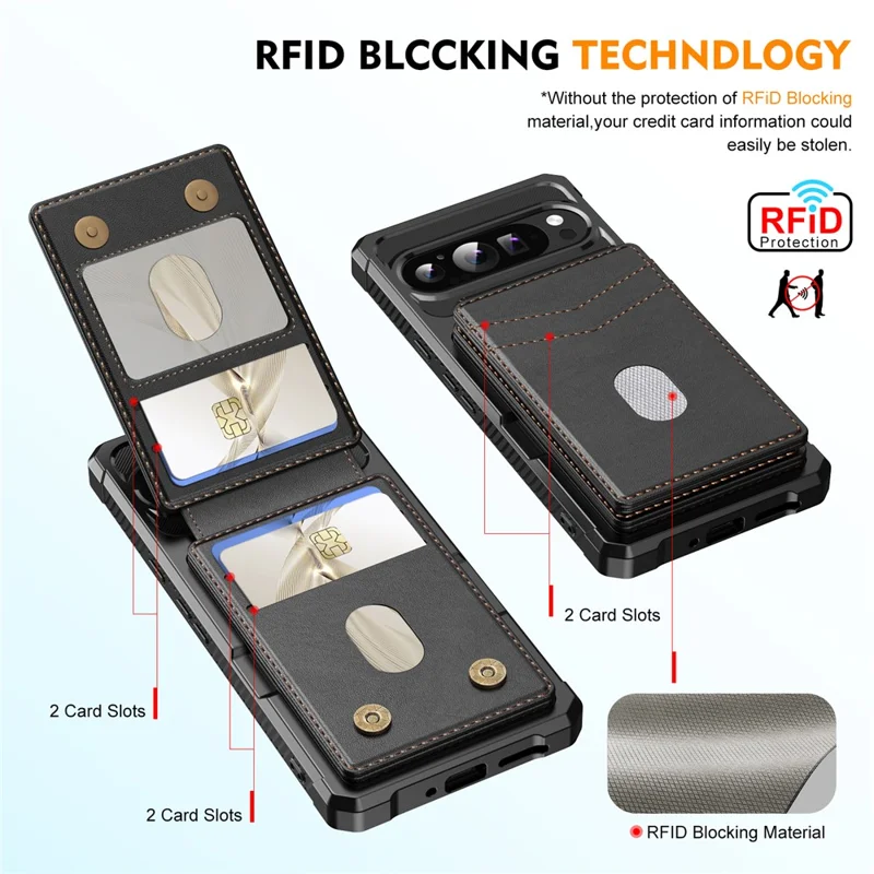 For Google Pixel 9  /  9 Pro Magnetic Case Detachable Card Slot Kickstand Leather + TPU Phone Cover - Black