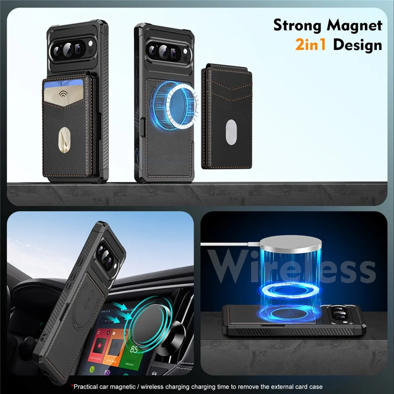 For Google Pixel 9  /  9 Pro Magnetic Case Detachable Card Slot Kickstand Leather + TPU Phone Cover - Black
