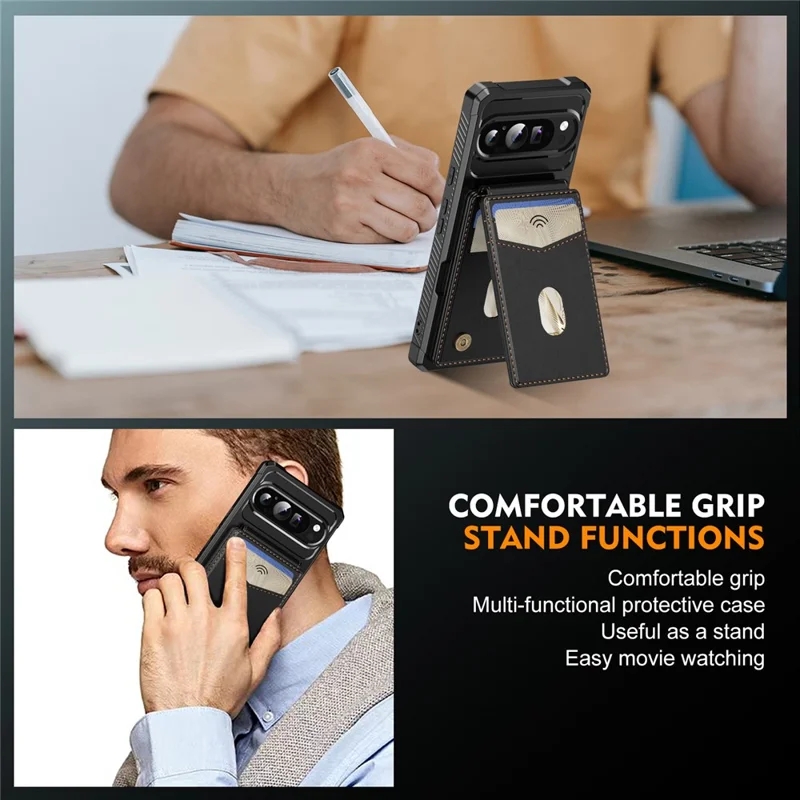 For Google Pixel 9  /  9 Pro Magnetic Case Detachable Card Slot Kickstand Leather + TPU Phone Cover - Black