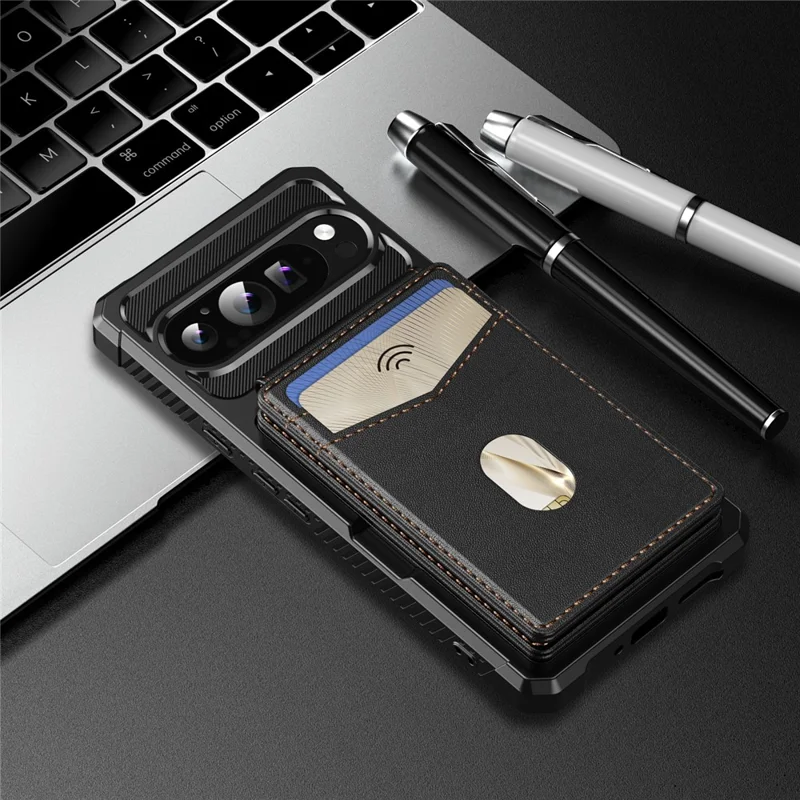 For Google Pixel 9  /  9 Pro Magnetic Case Detachable Card Slot Kickstand Leather + TPU Phone Cover - Black