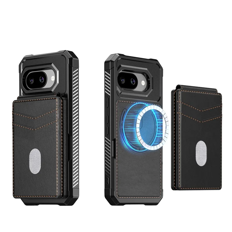 For Google Pixel 9a Magnetic Case Detachable Card Slot Kickstand Leather + TPU Phone Cover - Black
