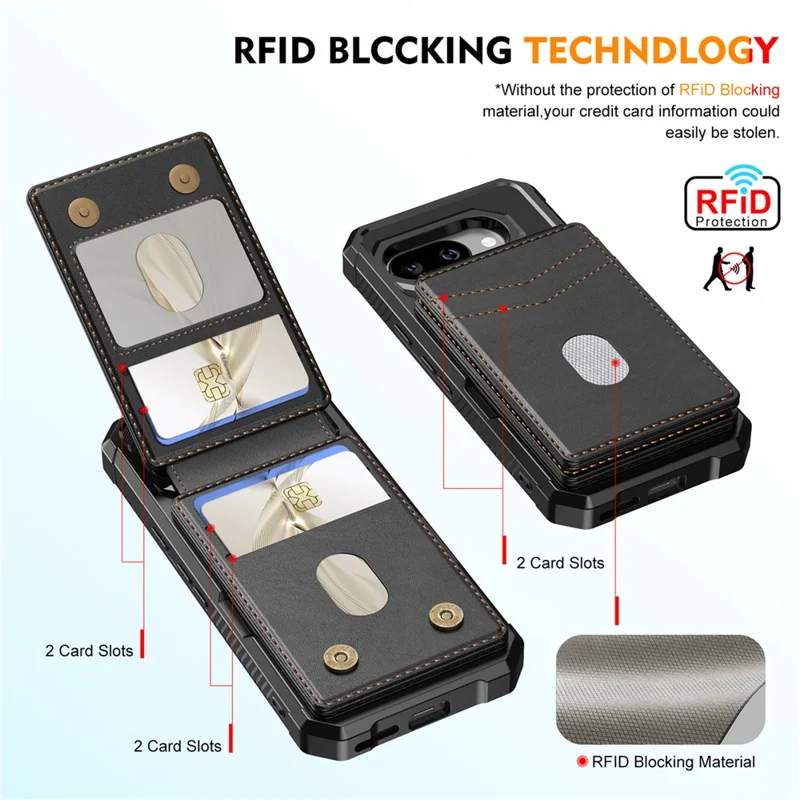 For Google Pixel 9a Magnetic Case Detachable Card Slot Kickstand Leather + TPU Phone Cover - Black
