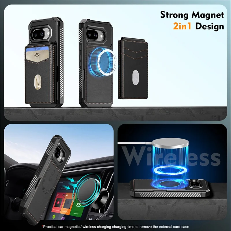 For Google Pixel 9a Magnetic Case Detachable Card Slot Kickstand Leather + TPU Phone Cover - Black