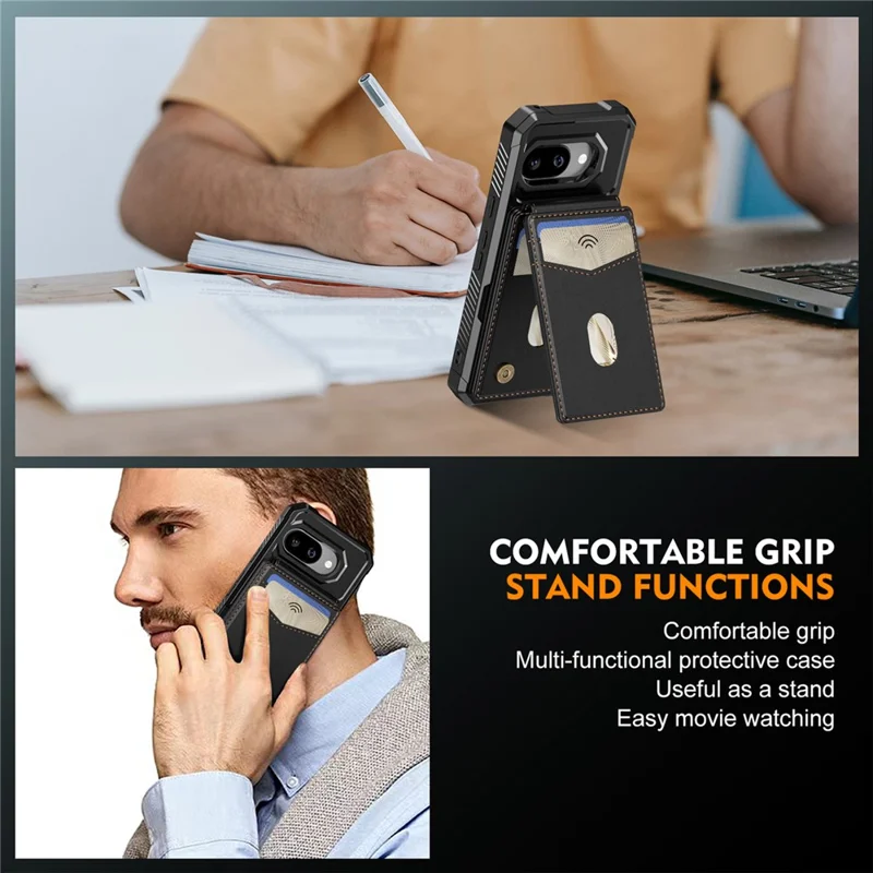 For Google Pixel 9a Magnetic Case Detachable Card Slot Kickstand Leather + TPU Phone Cover - Black