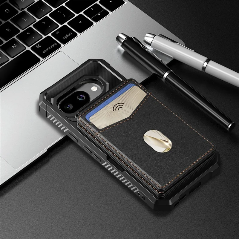 For Google Pixel 9a Magnetic Case Detachable Card Slot Kickstand Leather + TPU Phone Cover - Black
