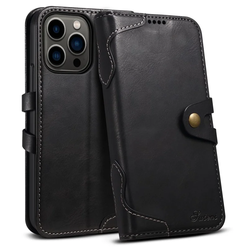SUTENI Q03 Series PU Leather Case for iPhone 14 Pro, Button Closure Foldable Stand Wallet Drop-proof Cover - Black