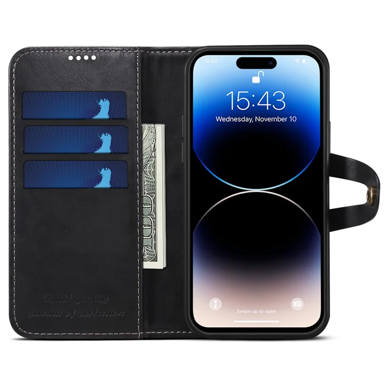 SUTENI Q03 Series PU Leather Case for iPhone 14 Pro, Button Closure Foldable Stand Wallet Drop-proof Cover - Black