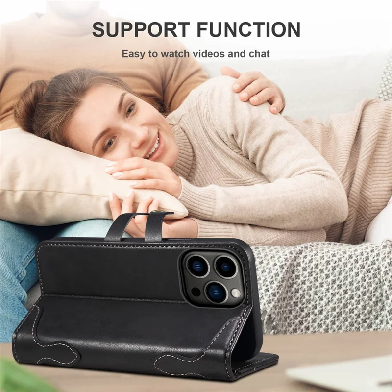 SUTENI Q03 Series PU Leather Case for iPhone 14 Pro, Button Closure Foldable Stand Wallet Drop-proof Cover - Black