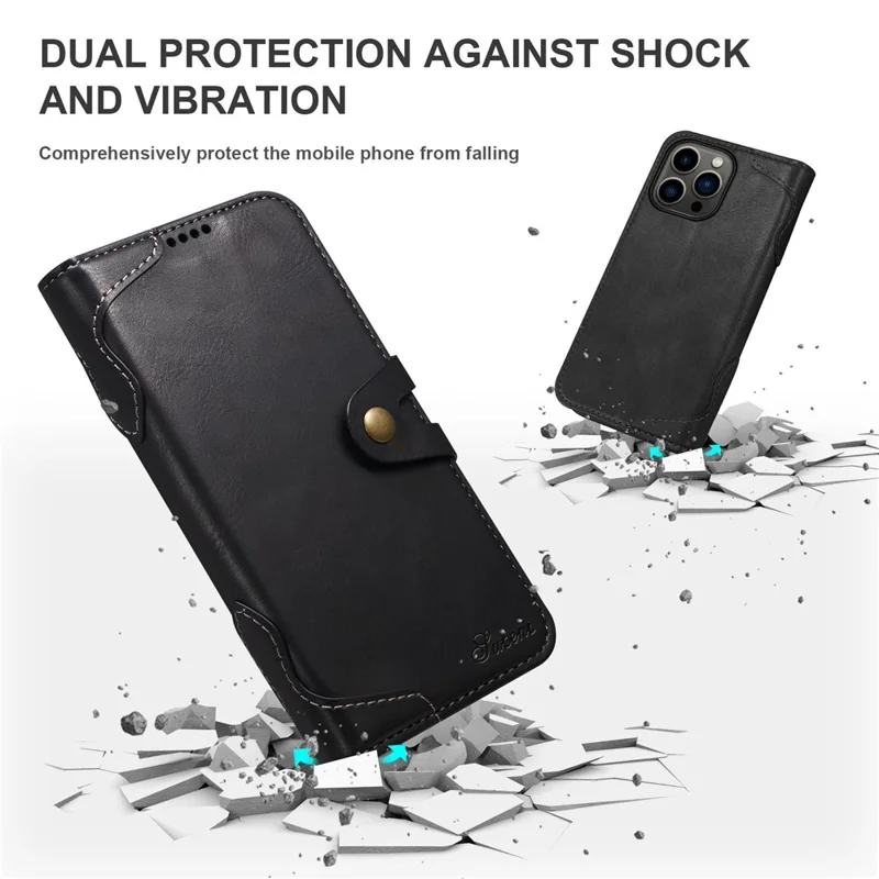 SUTENI Q03 Series PU Leather Case for iPhone 14 Pro, Button Closure Foldable Stand Wallet Drop-proof Cover - Black